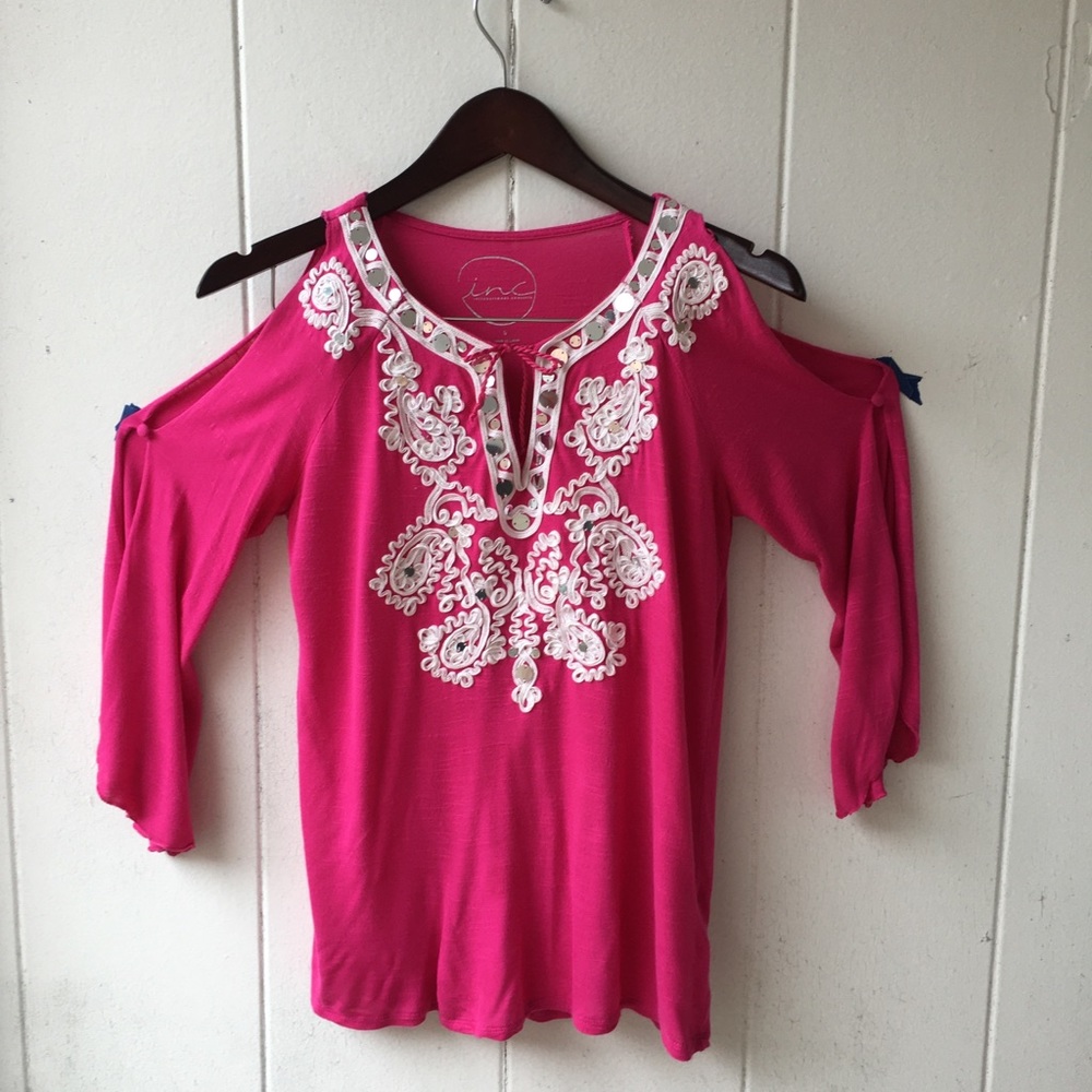 INC Fuchsia Cold-Shoulder Peasant Blouse Sz Small